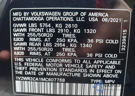 2021 Volkswagen Atlas 3.6L V6 Se W/Technology from USA, damaged, VIN 1V2WR2CA1MC607768